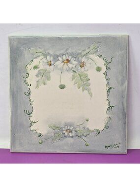 Hand-Painted Ceramic Tile With Daisy Floral Design Signed By Artist 1994